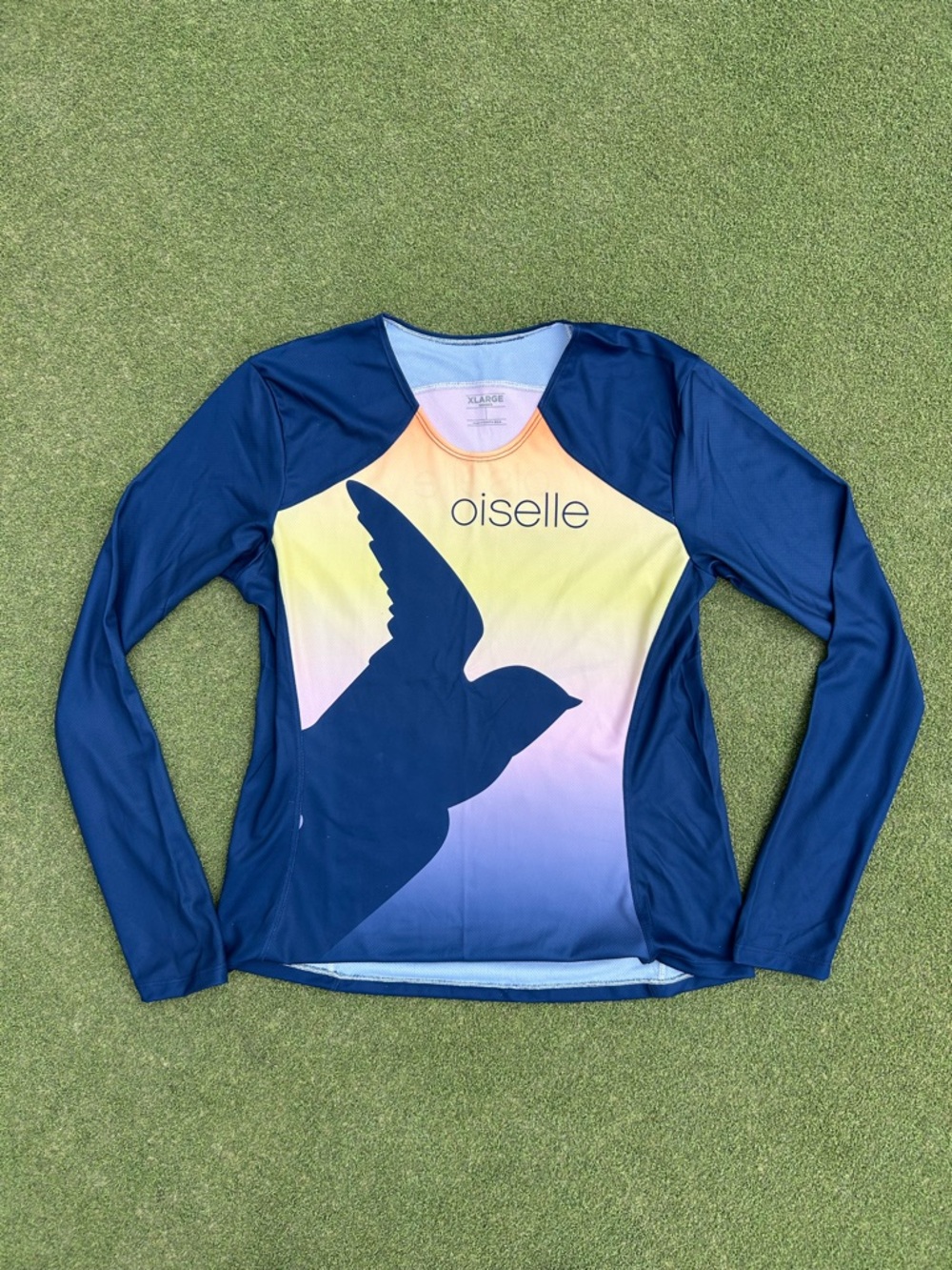 oiselle Navy Blue Gradient Long Sleeve Top with Bird Graphic